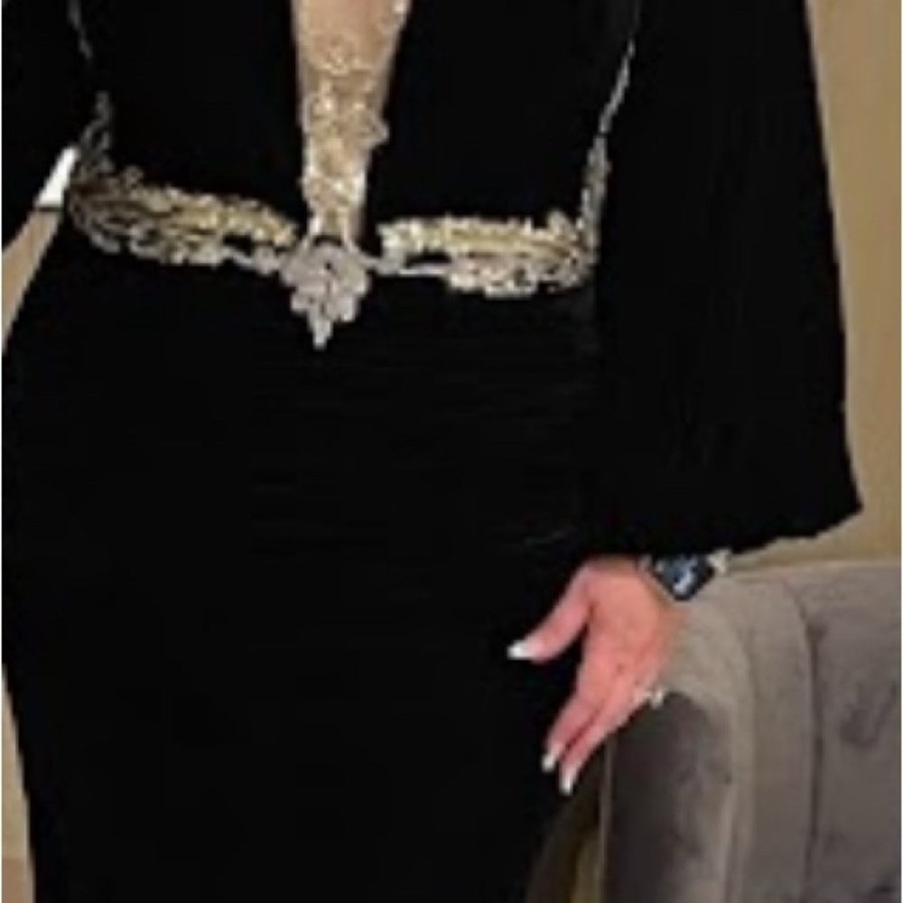 Elegant Black Dress with Gold Embellishments velvet open sheer front high neck